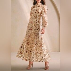New Embroidered Floral Sequin Mermaid Skirt Midi Dress Long Sleeve Ivory Gold